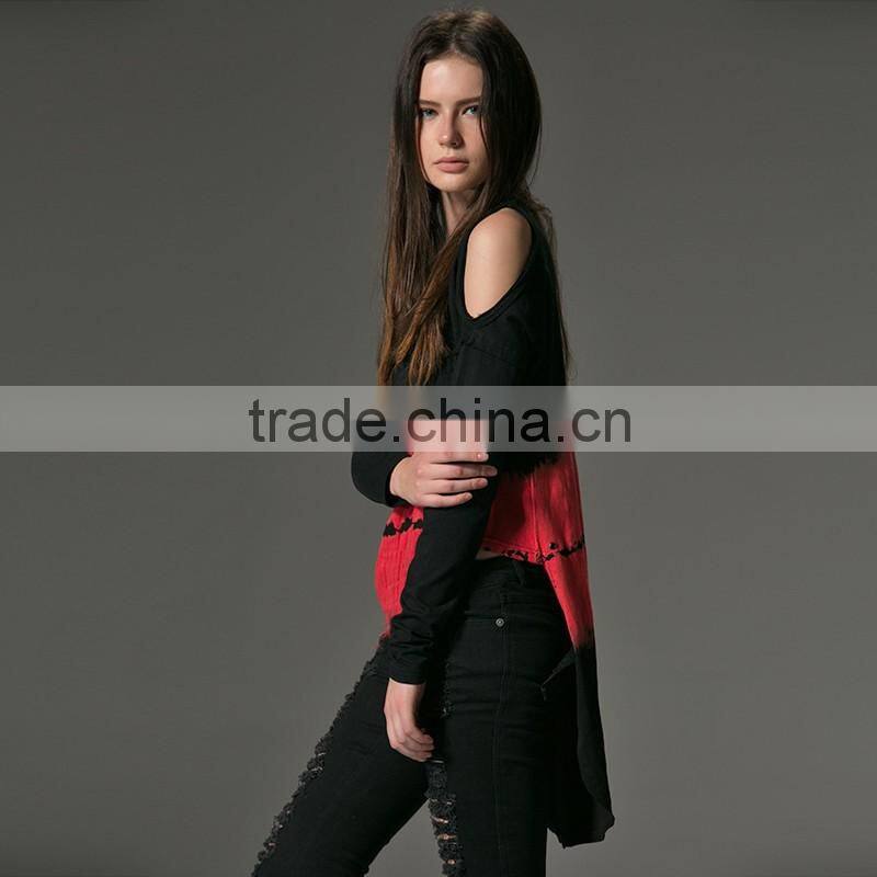 PT-042 black and red color V-neck one shoulder high-low hemline T-shirt