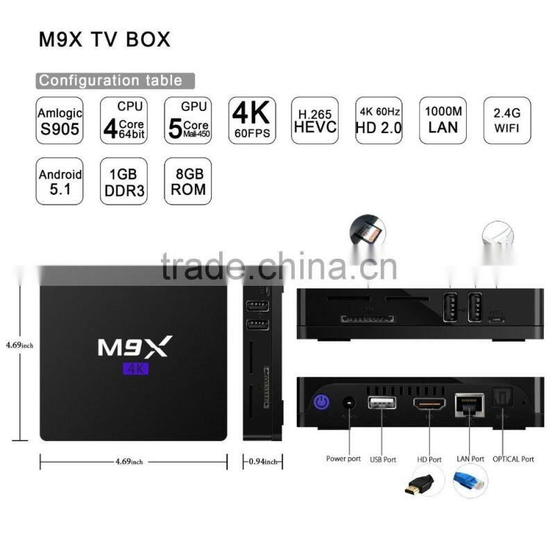 TOPLEO tv box amlogic s905 M9X Quad core ram 1gb/8gb android 5.1 tv box
