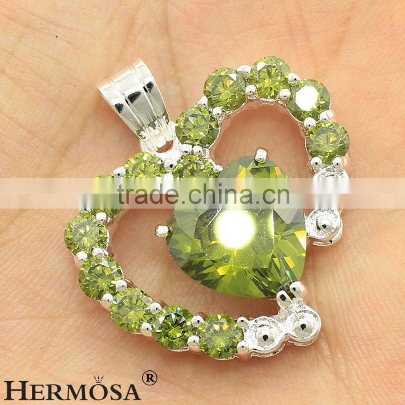 Shiny Green Olive Peridot 925 Sterling Silver Heart Design Necklaces Pendants 1 1/4 inch F494