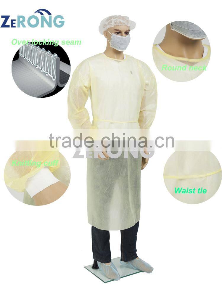 ZR-IG011 Level 2, 3Ply SMS, Full Back, Tape Tab Neck, Waist Tie, Elastic Cuff, Overlocking seam Medical isolation Gown