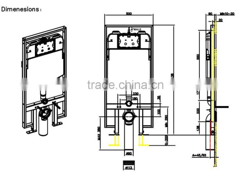 Universal in wall frame for concealed cistern for wall hung WC for front operation with dual flush for bathroom made in China