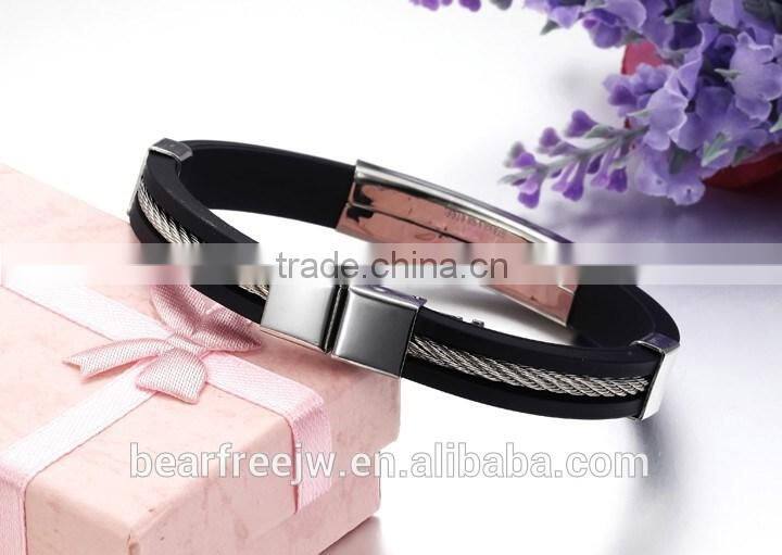 Stainless Steel Black Rubber Silicone Latin Cross Twisted Cable Religious Mens Bracelet