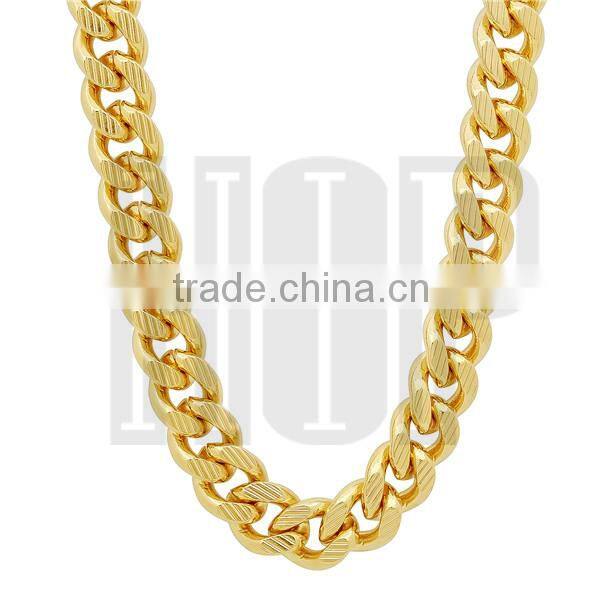 11mm Gold Grooved Cuban Link Curb Chain Necklace