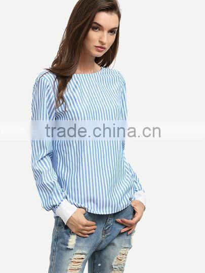 Blouses latest fashion design women clothing Blue Striped Tie Back Backless Long Sleeve Blouse