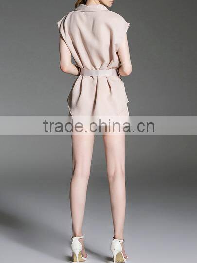 Two-piece-outfits latest fashion design women clothing Apricot V Neck Top With Pockets Shorts