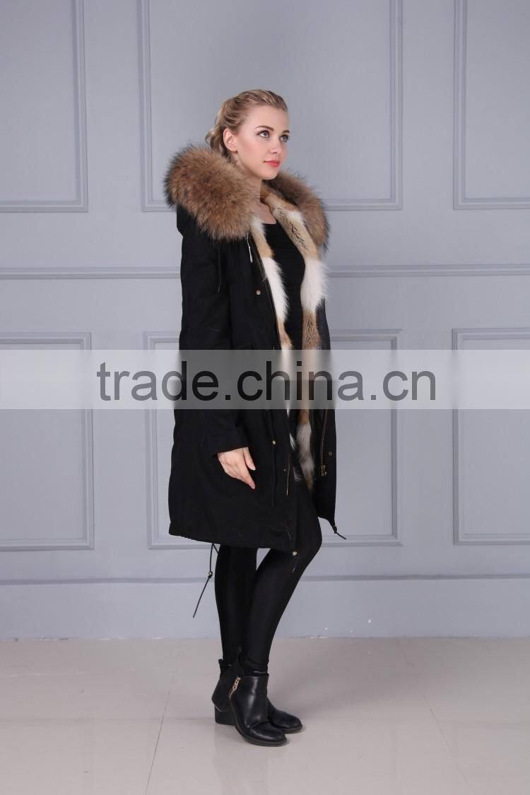 New Fashion Real Raccoon Fur Collar Fox Fur Lining Removable Hooded Parka