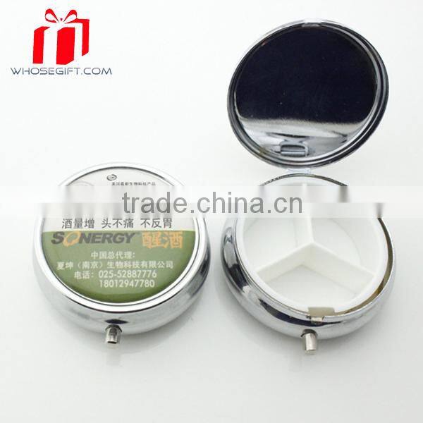 Exquisite Fashion Portable Round Pill Box With Crystal And Epoxy Coating On The Lid
