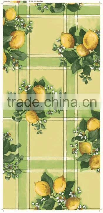 2015 Newest printed lemon and checked design plastic table cloth with lace/waved/straight edge