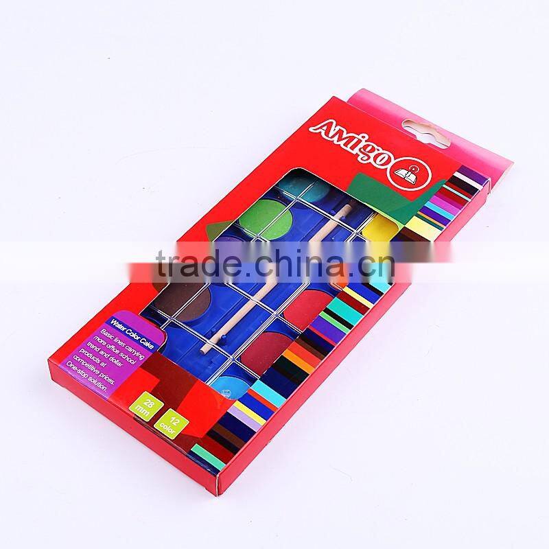 High Quality Kid School Art Material Stationery With Wood Horse Brush 12 Color Watercolor Set, 12 Color Watercolor Palette