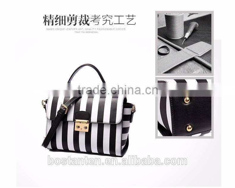 Striped design women handbag leather tote bag lock metal buckle