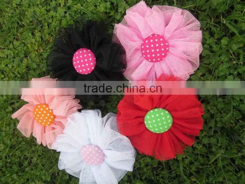8cm Mesh Hair Flowers with Polka Dot Button in Center Hair Accessoreis