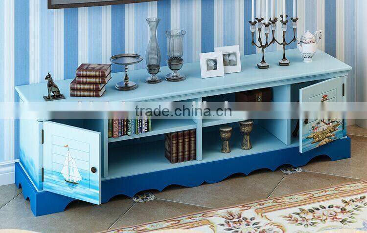 Mediterranean Style TV Cabinet, Sailing Boat Handpainting TV Stand, Solid Wood Living Room TV Cabinet (BF01-X1156)