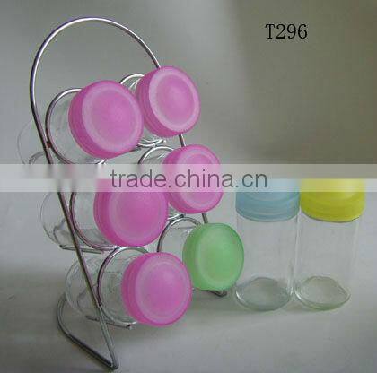 colorful cylinder glass 6 jars spice rack set with colorful plastic lid