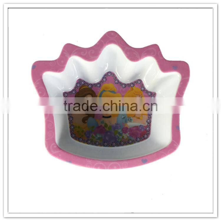 Children dinnerware new design irregular shaped 3 princesses printed unbreakable melamine kids bowl