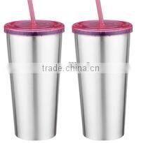 600ml/700ml stainless steel Inner plastic outer steel double layer cup with straw