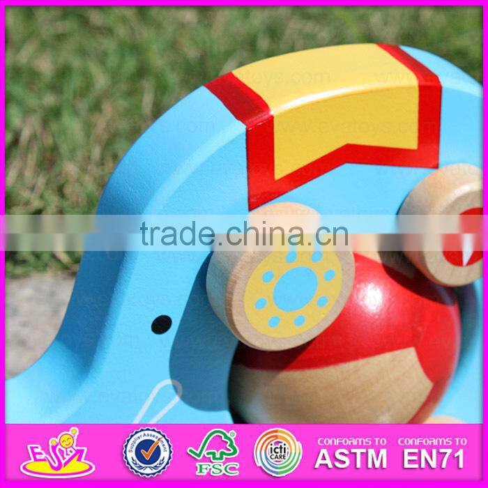Top grade hot sale wooden toy pull cart for kids,Elephant design wooden string cart pull back toy car W05B075-A2