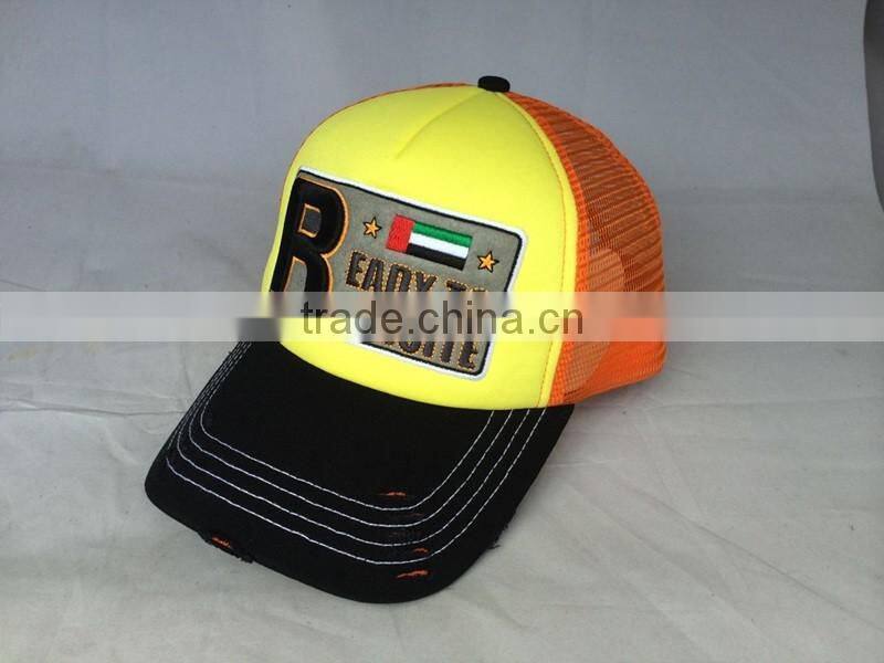 High quanlity 5 panel trucker caps and hats with flocking embroidery