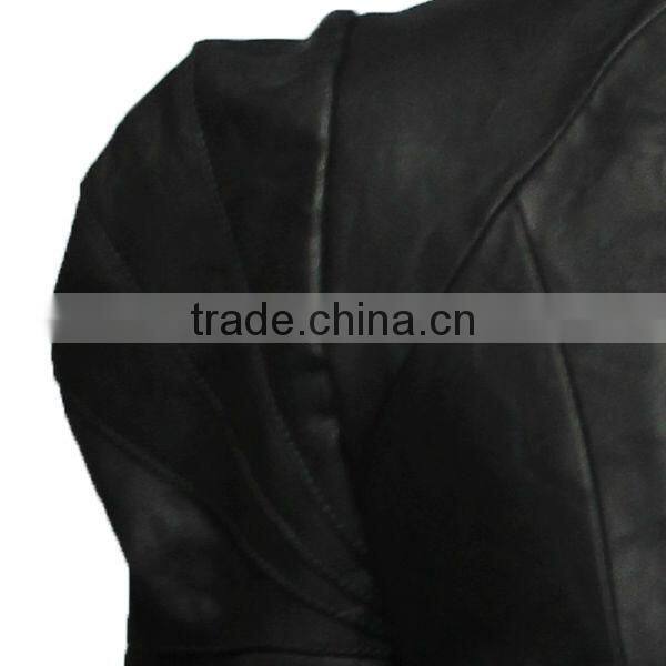 Special Deisgn Cool Style Long Flared Side Neck Design Black Leather Jacket for Women
