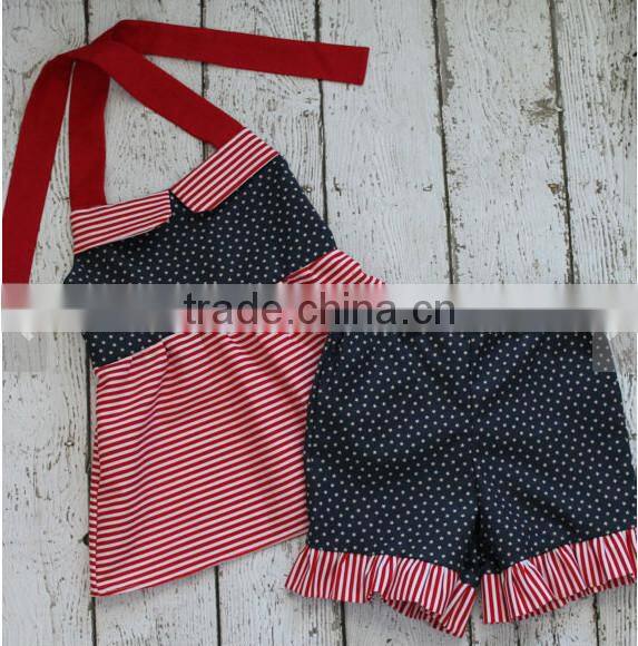 Girls Boutique Remake Clothing Kids Stripe And Polka Dot Design T-shirt Ruffle Shorts Outfit Baby Set