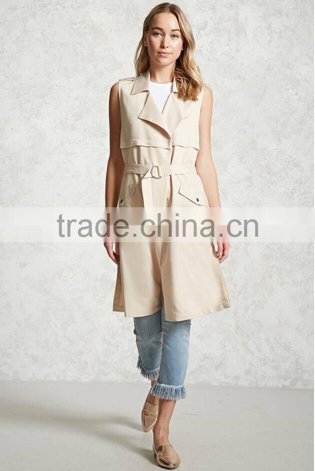 Fashion Longline Plain Women Work Vest with belt sleeveless jacket for ladies