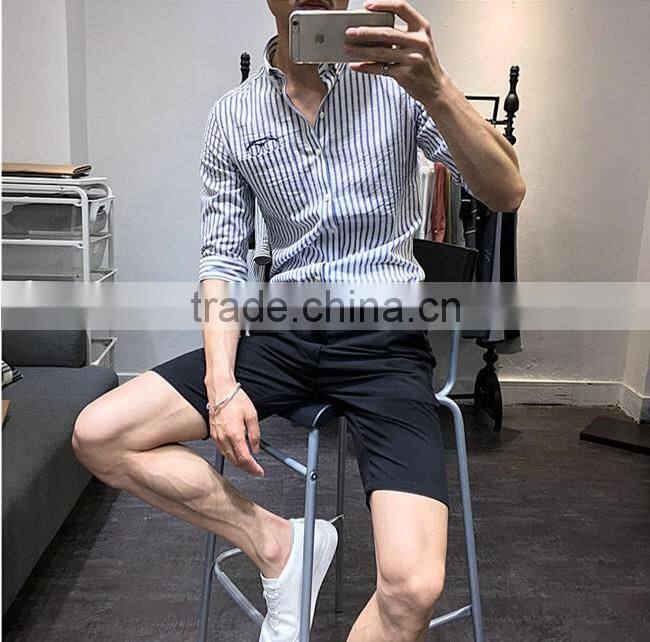 Cultivate one's morality men striped sleeves shirts washed cotton embroidery