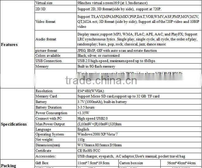 98inches virtual screen16:9 3D/2D Video Glasses