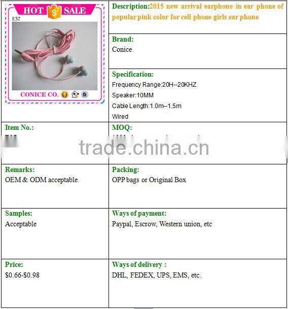 2015 new arrival earphone in ear phone of popular pink color for cell phone girls ear phone