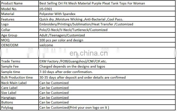 Best Selling Dri Fit Mesh Material Purple Pleat Tank Tops For Woman