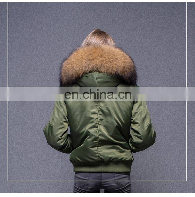 Goods in stock 2017 new arrive black bomber jacket with raccoon fur collar