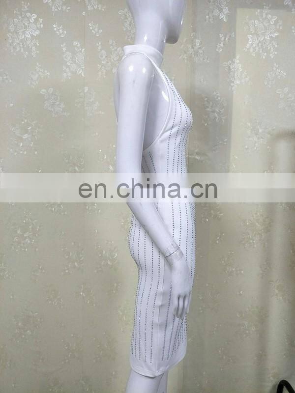 Amigo 2017 new design sexy black 100% cotton halter slit full hot-fix rhinestone evening dresses for ladis party wear