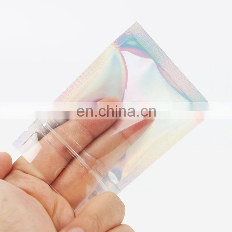 Low moq ready to ship mylar zipper transparent holographic glitter bags for makeup beauty sponge holographic packaging
