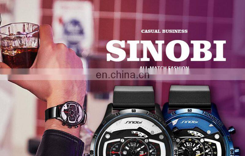 SINOBI Masculine Big Dial Wristwatch S9789G Silicone Band Black Chronograph Watch Multi Function Youth Men Watch