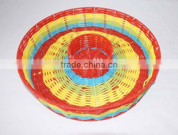 round colorful woven plastic bread trays