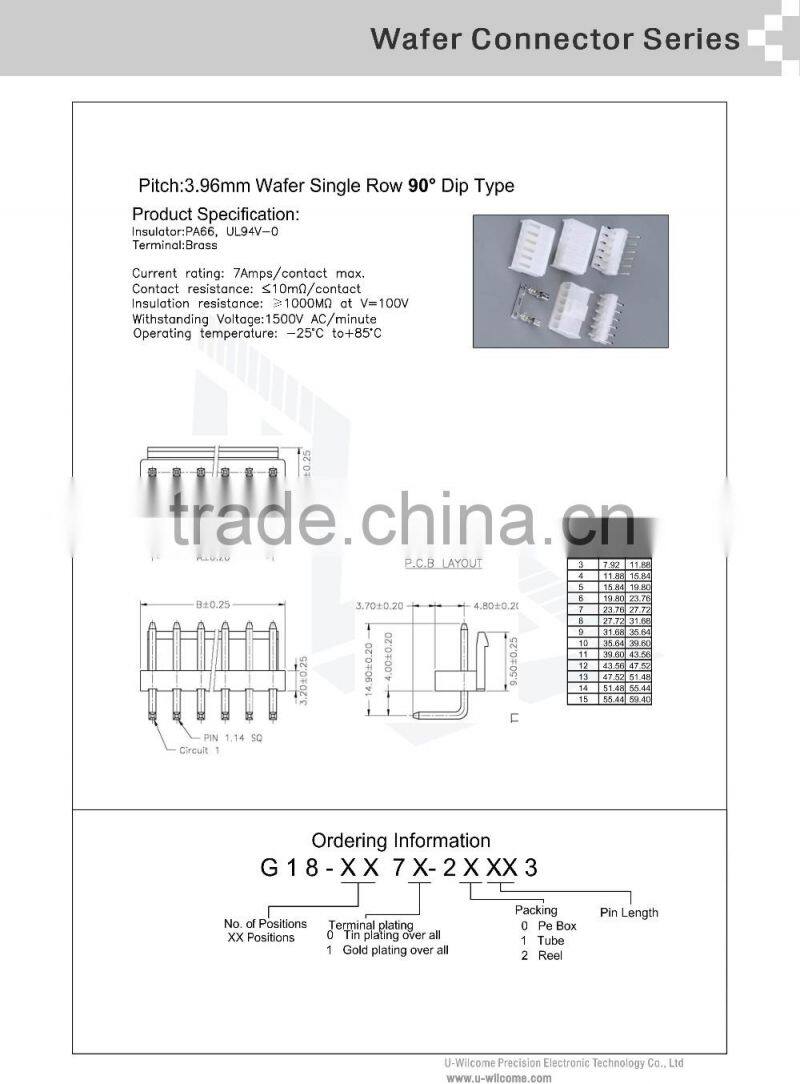 electron component IC VH3.96mm pitch 2p 3p 4p 5p 6p 7p 8p to 15p white SQ pin THT DIP Needle base connector WAFER Connector