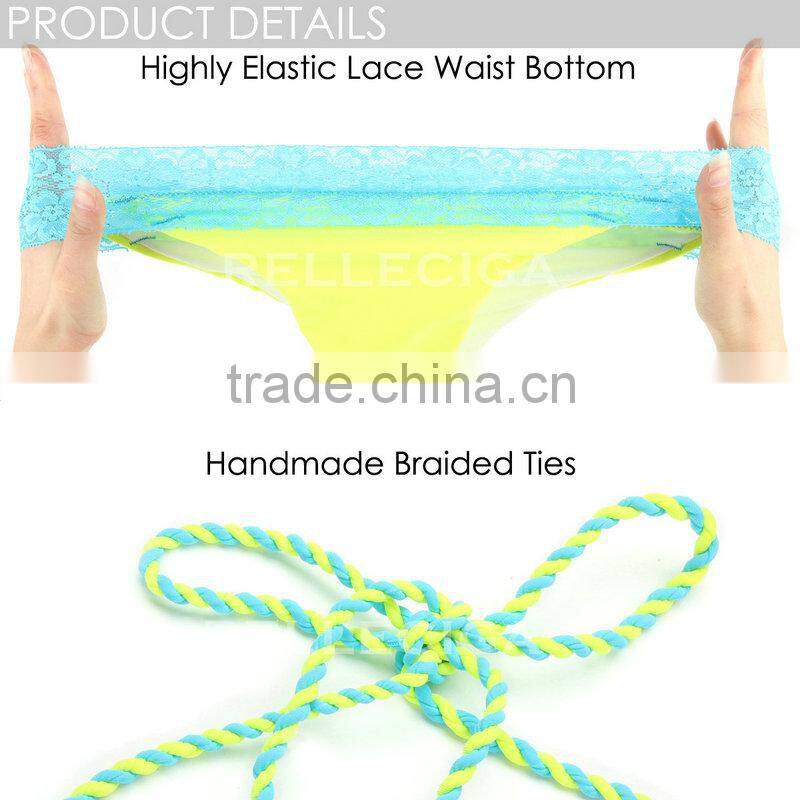 2016 RELLECIGA New Neon Yellow + Blue Floral Lace Bikini Swimsuit with Triangle Top and Brazilian Cut Scrunch B