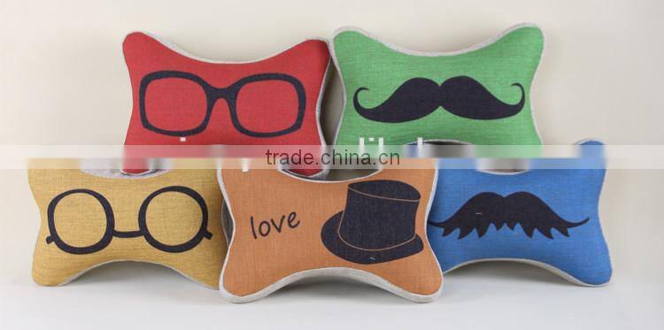 simple and popular cute bone shape mustache printed design linen home decorative chair sofa cushion neck rest car cushion pillow