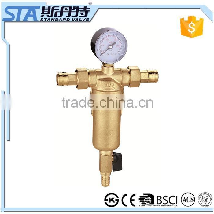 ART.5073 Household 1/2" forged body natural color sand blast brass sediment pre water filter with gauge meter for the pipeline