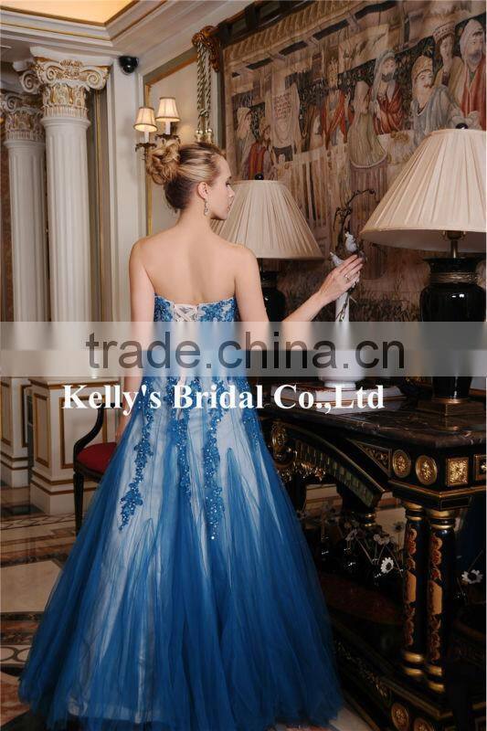 Princess Style Appliqued Lace Beaded Blue Lace Wedding Dress