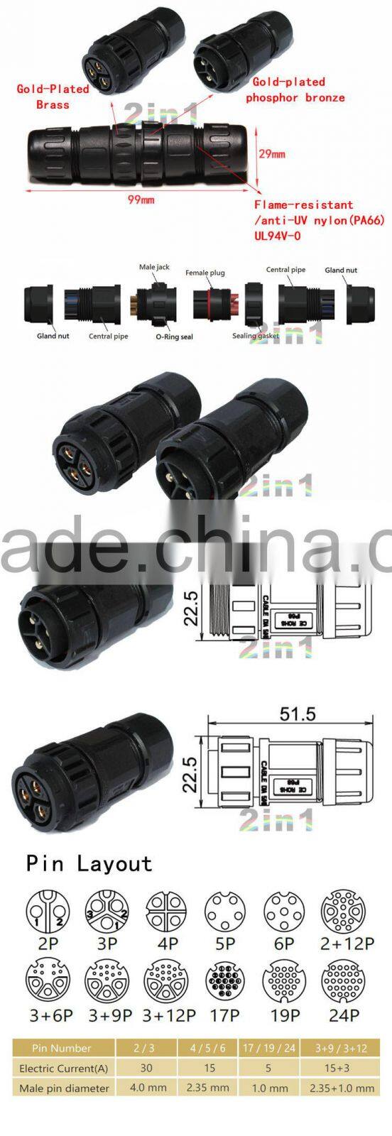 SK26-3P IP68 30A Nylon Solder Electric Cable Wire Waterproof Connector bayonet type