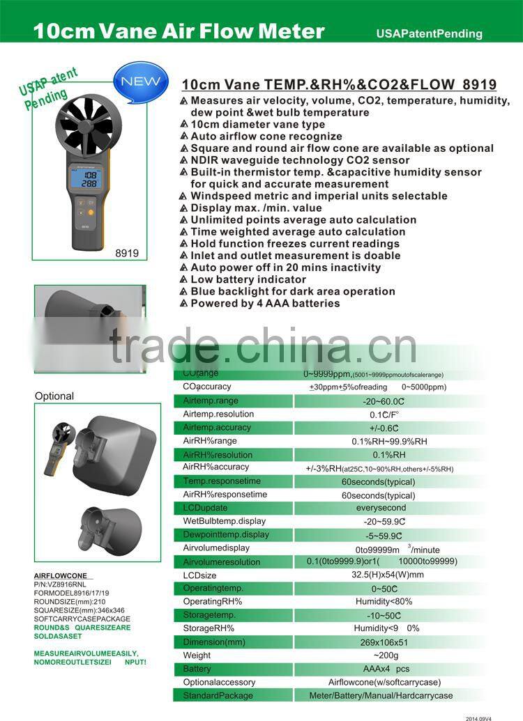 Measuring Wind Speed Air volume CO2 AirFlow Temperature Humidity DP Wet bulb Meter 10cm Vane Multifunctional Digital Anemometer
