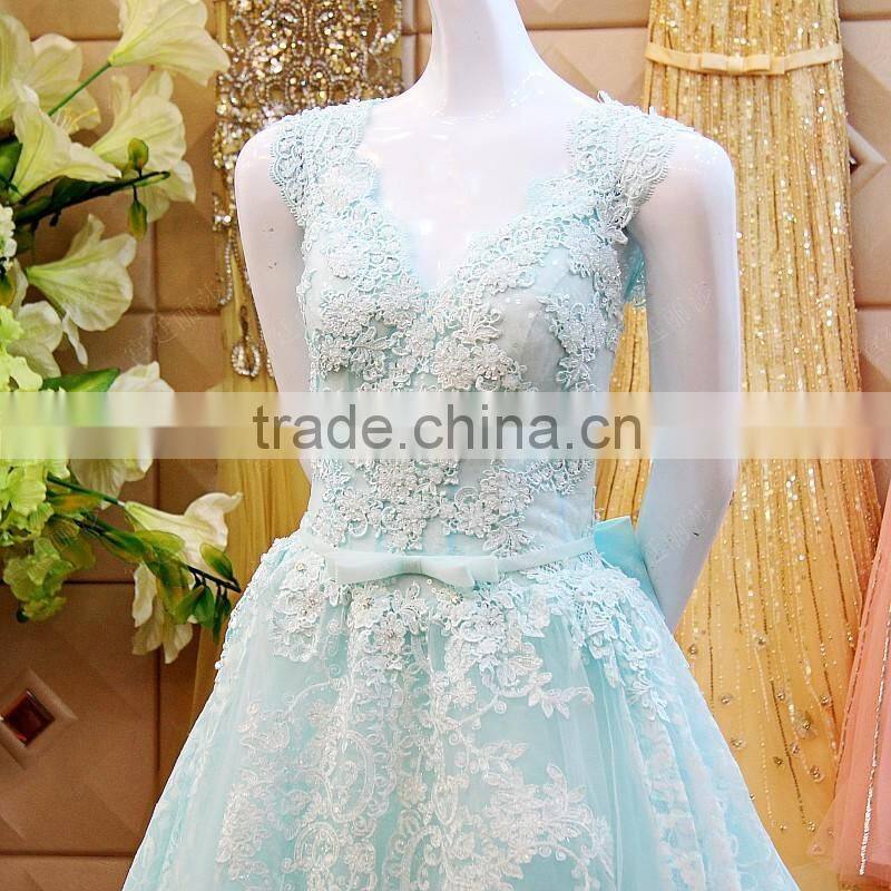 2016 Latest Princess Style Ball Gown Evening Dresses Lace Applique Bow Sash Sexy See Through Robe Longue Femme Soiree ML175