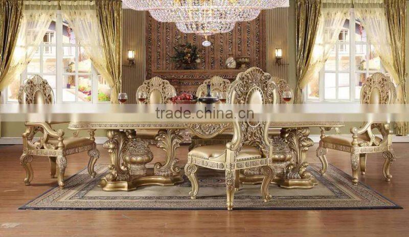 Italian Royal Style Solid Wood Goldleaf Expandable Dining Table Set,Arabic Palace Golden Dining Room Furniture(MOQ=1 SET)