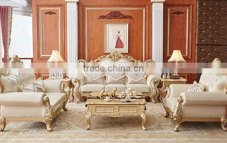 Neoclassic style solid wood champagne gold carving leather sofa set