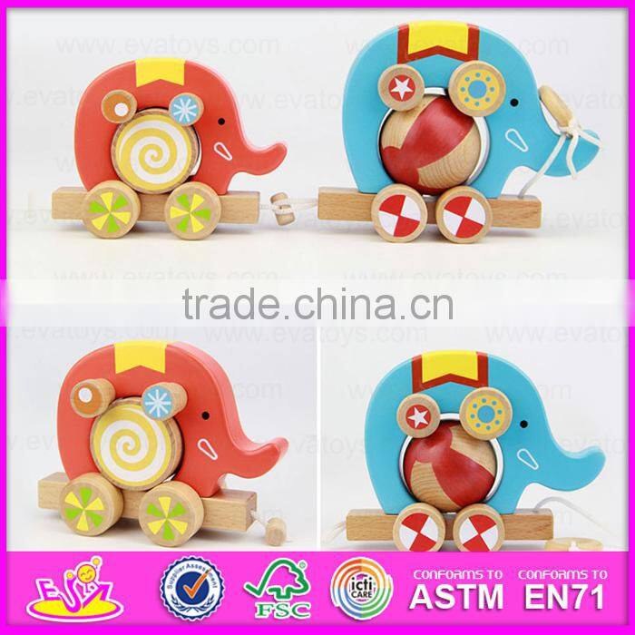 Top grade hot sale wooden toy pull cart for kids,Elephant design wooden string cart pull back toy car W05B075-A2