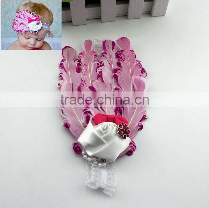 New Fashion Unique Baby Elastic Lace Headband Baby Girls Hair Turban Headband Wholesale Cute Baby Girls Feather Hairband