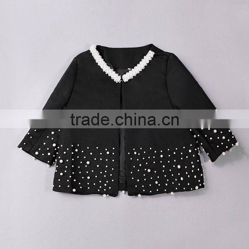 2014 new fashion white pearl line beaded lace mid sleeve elegant jacket
