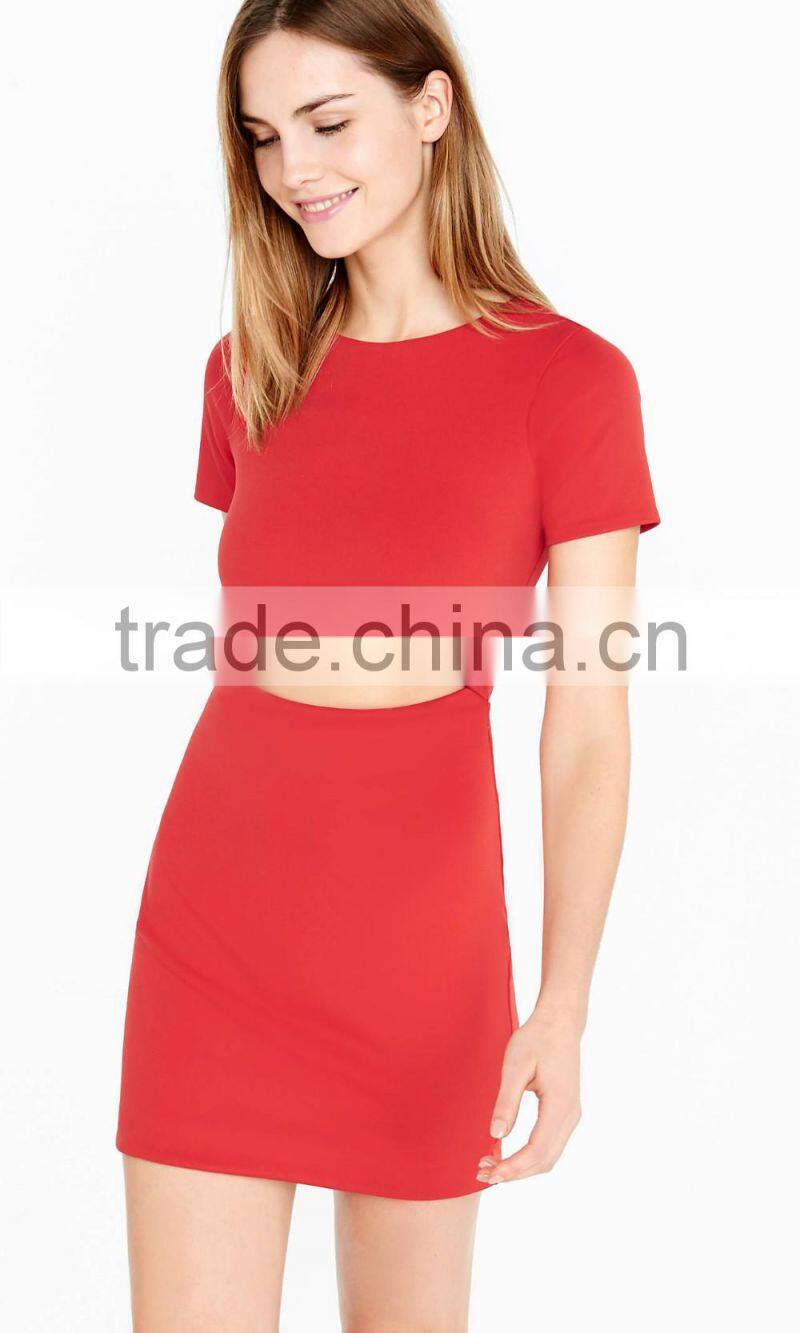 Red short sleeve slitted waist mini dress HSD3004