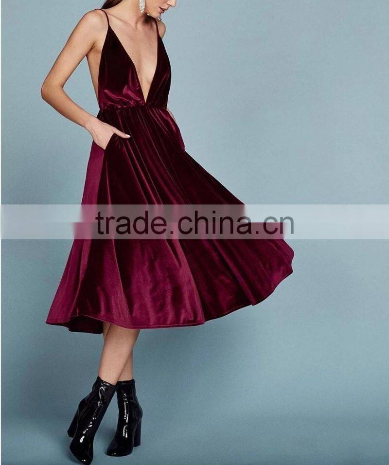 Sexy Low V-neckline Velvet Fabric Spaghetti Straps Cocktail Dress With Open Back Evening Party Gown 2016 HSD5799