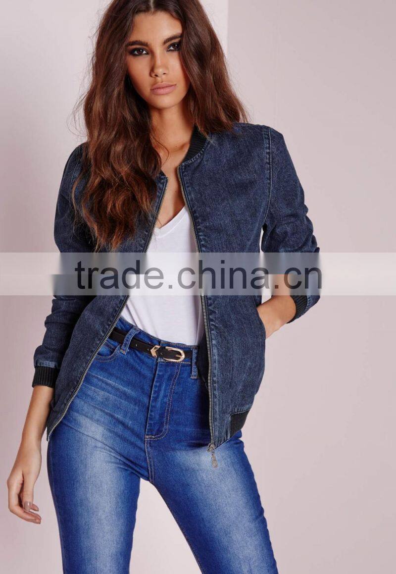 fashion zip women acid wash denim winter quilted bomber jacket