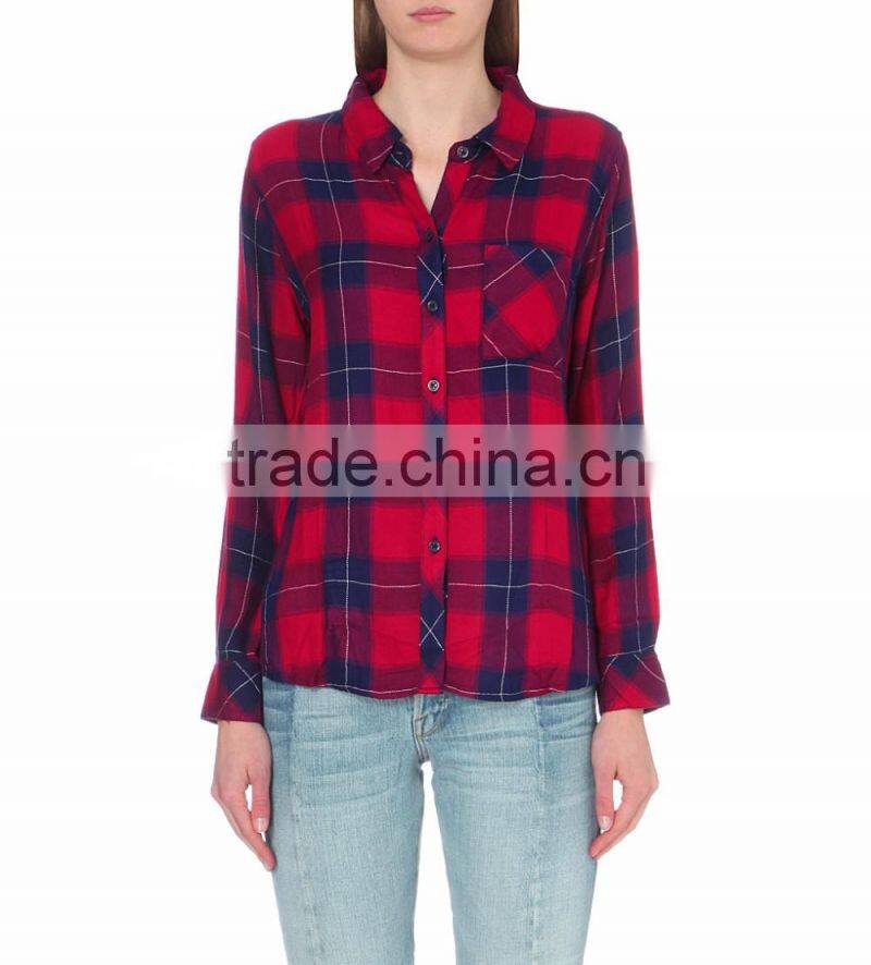 Wholesale Women Collar Long Sleeves Buttoned Cuffs Checked Pattern Curved Hem Shirt(DQE0177T)